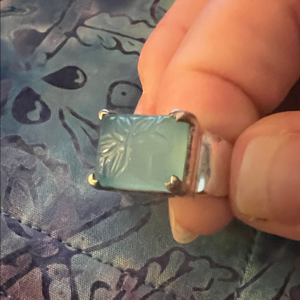 Elegant Silver and Flower Etched Chalcedony Gemstone Ring